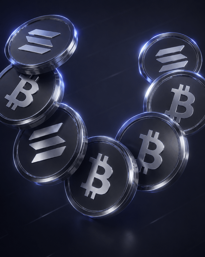 Bitcoin and Solana coins flowing through a dark composition